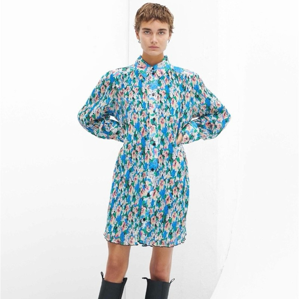 Ganni Blue Floral Mini Dress with Pink Accents